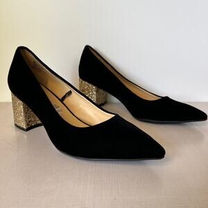 Liz Claiborne Black Velvet Gold Glitter Block Heels Pointed Toe Womens Size 9